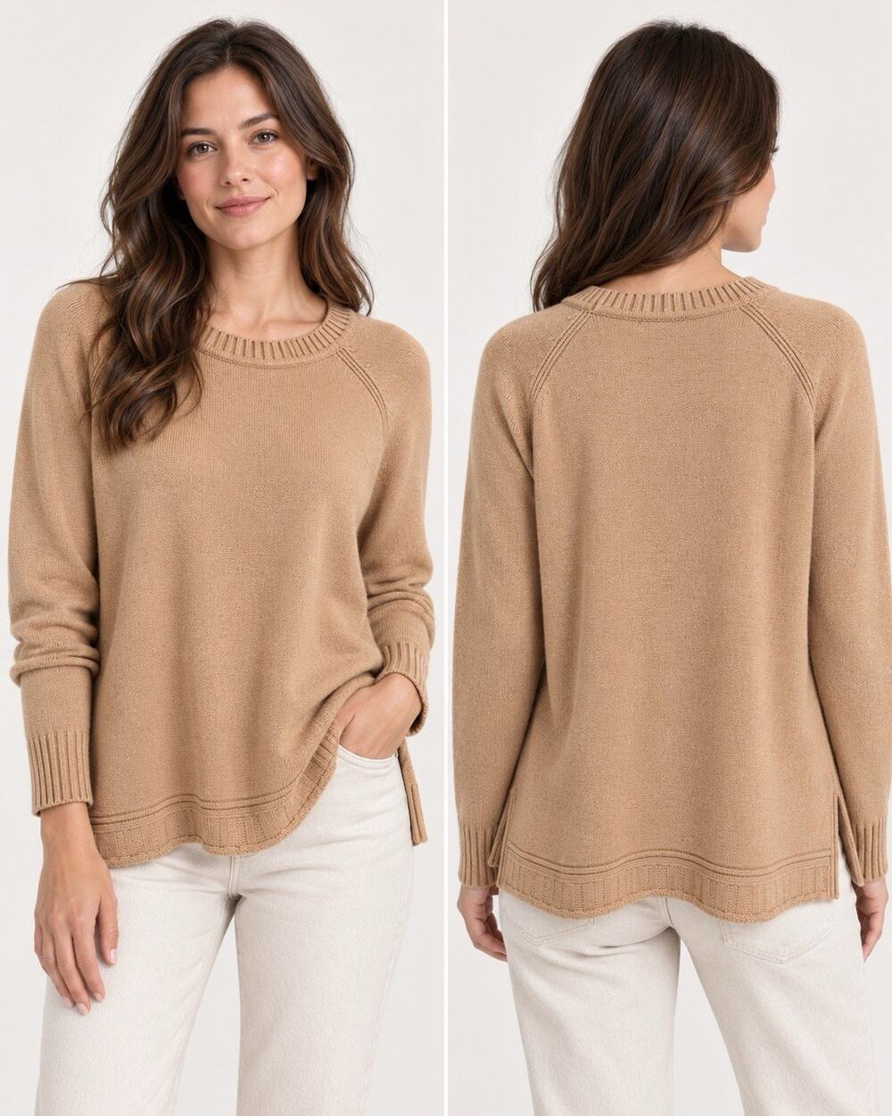 J.Jill Seamed Boat Neck Sweater L Petite Tan Cotton Blend Raglan Quiet Luxury